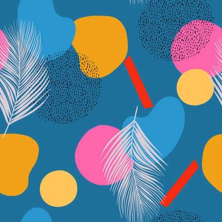 Vector seamless pattern with abstract shapes and palm leaves in vivid boho styleのイラスト素材