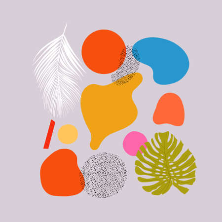 Set bright colored shapes, forms and two palm leaves clip art for creating minimalistic modern compositionsのイラスト素材