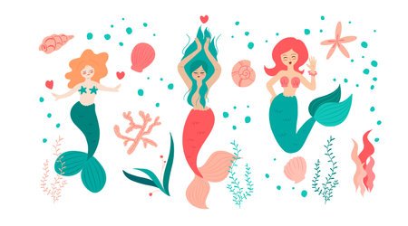 Vector set of clip art with pretty smiling little mermaids and underwater objects like corals, bubbles, seashells, seaweed.のイラスト素材