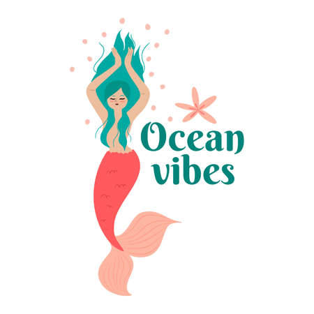Dancing mermaid with green hair and text Ocean vibes invitation or greeting summer cardのイラスト素材