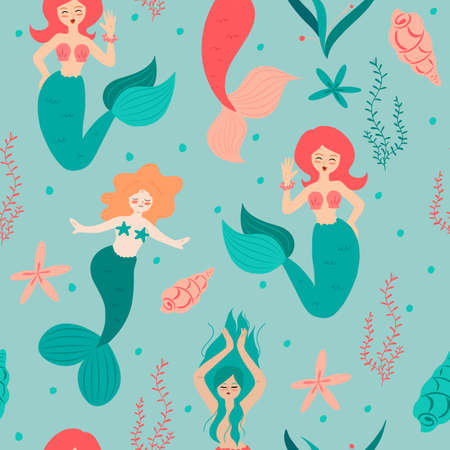 Red head mermaids smiling underwater vector seamless patternのイラスト素材