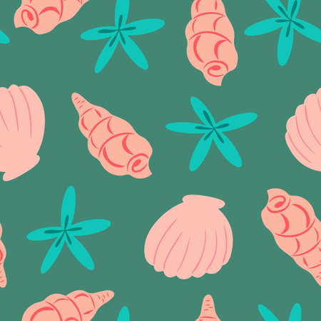 Colorful coral seashells and starfish on turquoise background vector seamless patternのイラスト素材