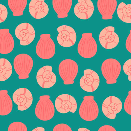 Colorful coral seashells on turquoise background vector seamless patternのイラスト素材