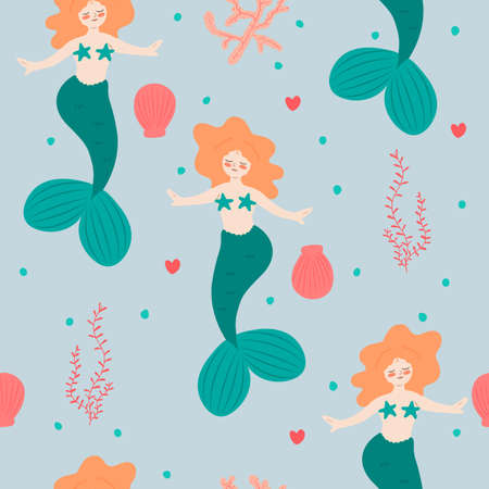 Little red head mermaid underwater vector seamless patternのイラスト素材