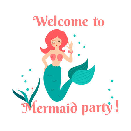 Welcome to Mermaid Party - colorful invitation with pretty mermaid waving hand and smilingのイラスト素材