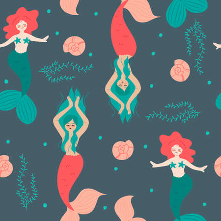Underwater colorful dancing mermaids vector seamless patternのイラスト素材