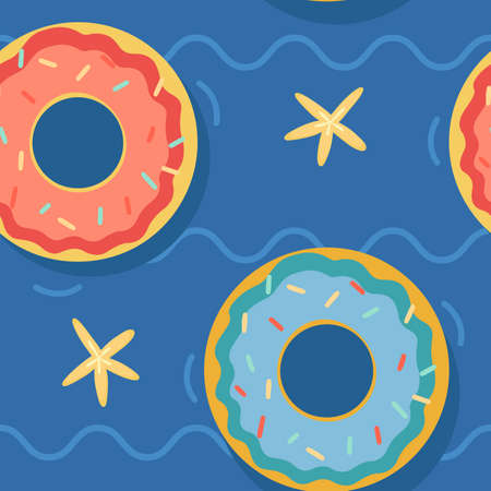 Seamless pattern with colorful float donuts on water with starfishes