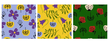 Set of three vector seamless patterns with wild field flowers - cornflower, poppy, bellflowersのイラスト素材