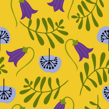 Vector seamless pattern with bellflower and grass on yellow backgroundのイラスト素材