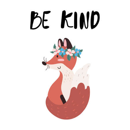 Vector illustration with cute baby fox wearing flower garland and hand drawn letters Be kindのイラスト素材