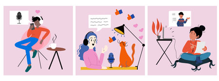 Vector set of three cards with flat illustrations about podcast. Man is listening to podcast, woman is recording podcast and girl learning on her laptopのイラスト素材