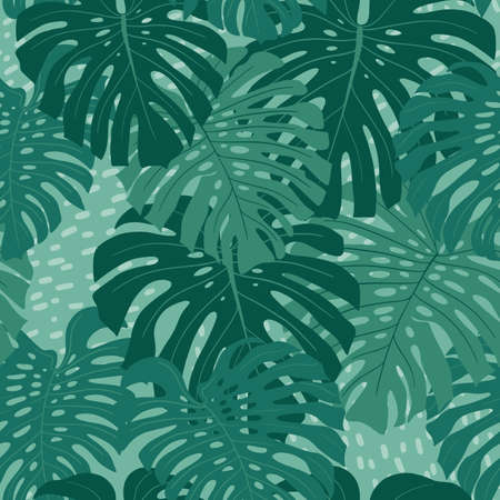 Vector seamless pattern with emerald green monstera palm leaves jungleのイラスト素材