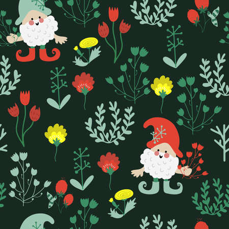 Vector seamless pattern with cute garden gnomes on dark green backgroundのイラスト素材
