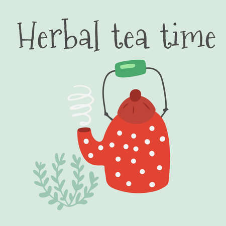 Cute retro tea pot with dried herb and text Herbal tea time vector poster or bannerのイラスト素材