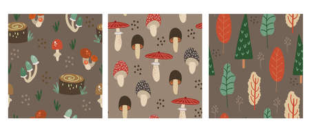 Set of three vector seamless patterns with seasonal forest, mushrooms and autumn forestのイラスト素材