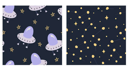Set of two vector seamless patterns with space theme - childish flying saucers and star constellations on dark space sky backgroundのイラスト素材