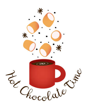 Vector poster with spices falling into red mug with hot drink, coffee, eggnog, cocoa or chocolate and lettering Hot Chocolate Time.