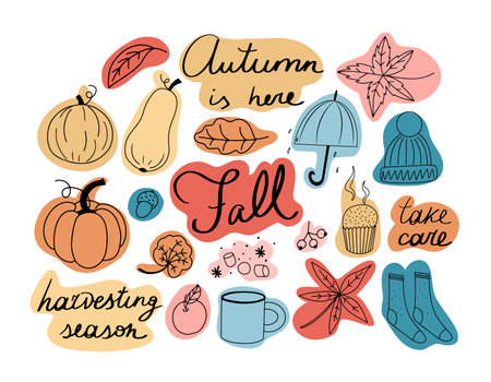 Set of autumn lines colorful clip art with hand drawn letterings - Autumn is here, Fall, take care and harvesting season. Pumpkins, hot chocolate, falling leaves.のイラスト素材