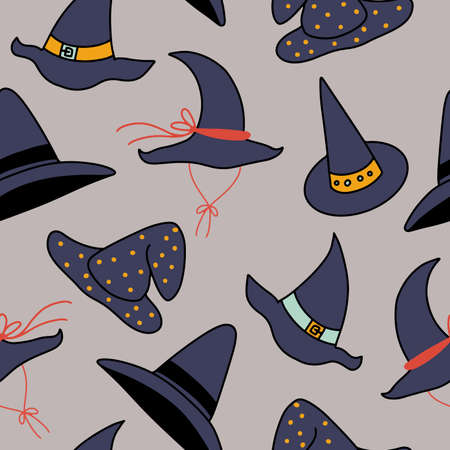 Seamless pattern with different cartoon styled pointed witches hatsのイラスト素材