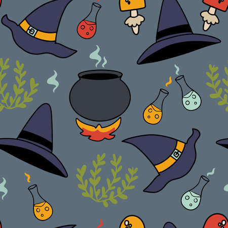 Seamless pattern with different cartoon styled pointed witches hats, cauldron, potions, mushrooms and herbsのイラスト素材