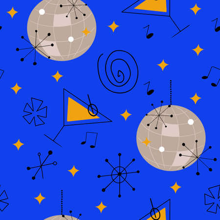 Vector seamless pattern with disco balls, martini glasses, musical notes and abstract shapes in mid century modern style on a blue backgroundのイラスト素材