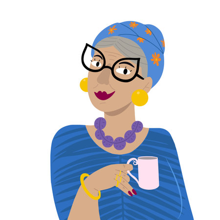 Fashionable modern dressed old lady with necklace and lipstick on smiling and holding fancy coffee cupのイラスト素材