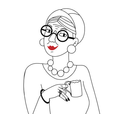 Fashionable modern dressed old lady with necklace and red lipstick on smiling and holidng fancy coffee cup line artのイラスト素材
