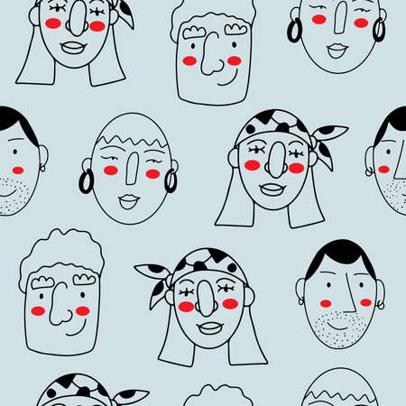 Vector seamless pattern with line doodle faces of young different peopleのイラスト素材