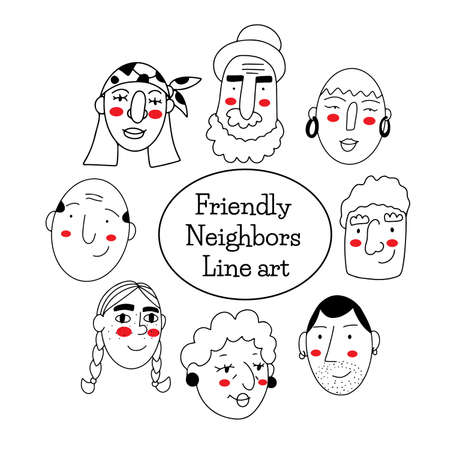 Hand drawn line cute doodle faces, different heads isolated on white backgroundのイラスト素材