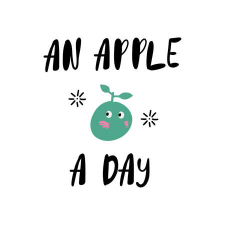 Cute doodle apple icon with lettering - An apple a day, isolated on white backgroundのイラスト素材