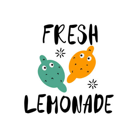 Cute doodle citrus fruits with eyes icon with lettering - Fresh lemonade, flat vector clip art isolated on white backgroundのイラスト素材