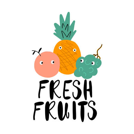 Cute doodle fruits - peach, pineapple and grapes with eyes icons with lettering - Fresh fruits, flat vector clip art isolated on white backgroundのイラスト素材