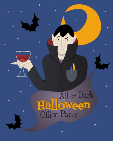 Halloween party invitation or poster with sneaky vampire with clerical in pocket holding a drink with bats around him in cartoon style. After Dark Halloween Office party.のイラスト素材