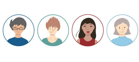 Four avatars with people portraits, young man, adult man and woman, elderly womanのイラスト素材