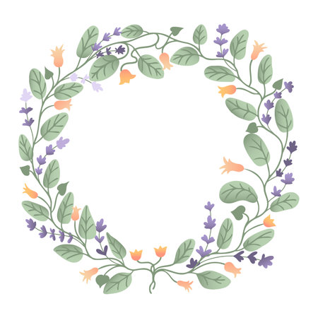 Lavender and bellflower flower crown with empty space in the middle, hand drawn invitation or celebration cardのイラスト素材