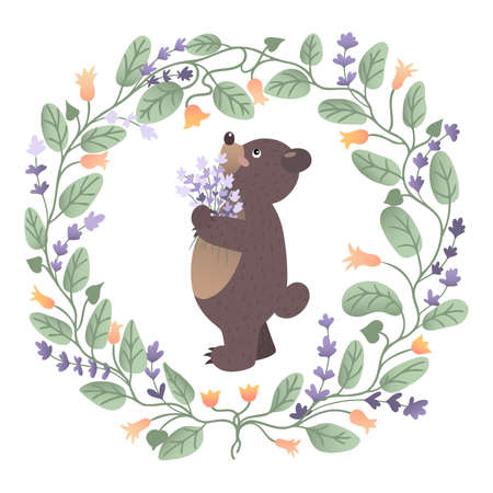 Little bear cub holding lavender bouquet in the middle of the flower crown of leaves, bellflowers and lavenderのイラスト素材