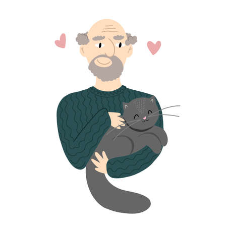 Old man in cozy sweater holding gray pussy cat isolated vector illustrationのイラスト素材