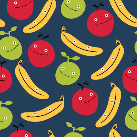 Vector seamless pattern with happy fruits - banana, apple and orange with faces on a blue backgroundのイラスト素材