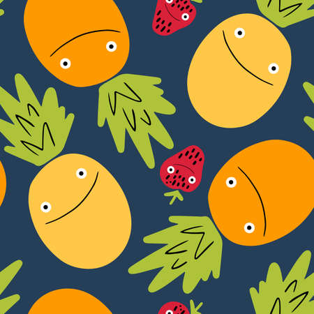 Vector seamless pattern with happy fruits - pineapples and strawberries with faces on a blue backgroundのイラスト素材