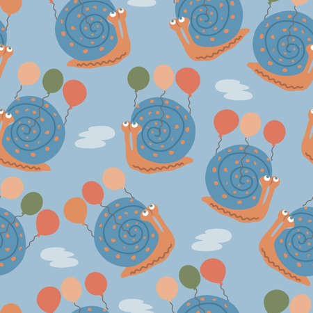 Hand drawn vector seamless pattern with cute snails with air balloons in the skyのイラスト素材