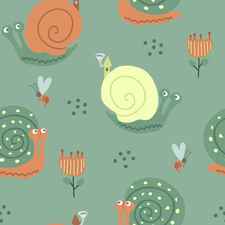 Hand drawn vector seamless pattern with cute snails in the forest grass with flowers and bees on a green backgroundのイラスト素材