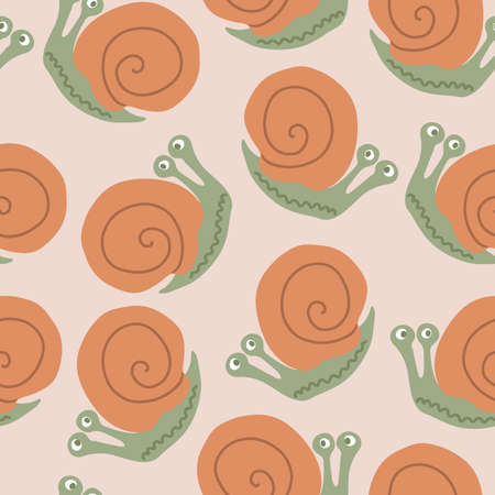 Hand drawn vector seamless pattern with cute childish snails on a pink backgroundのイラスト素材