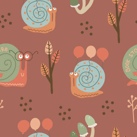 Hand drawn vector seamless pattern with cute snails in glasses with text - Book store- on shell and snail with air balloons. Autumn school themedのイラスト素材
