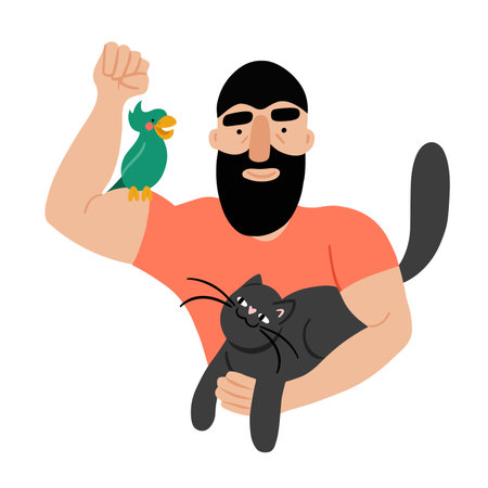 Strong man with beard holding his pets - cat and a parrot, hugging them and smiling. Concept of a strong caring man with animalsのイラスト素材