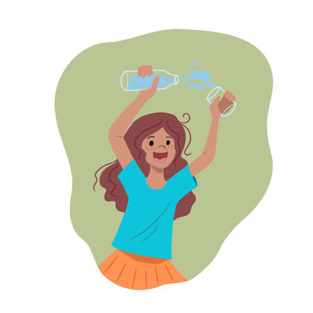 Little girl playing around with water bottle, drinking water vector illustrationのイラスト素材