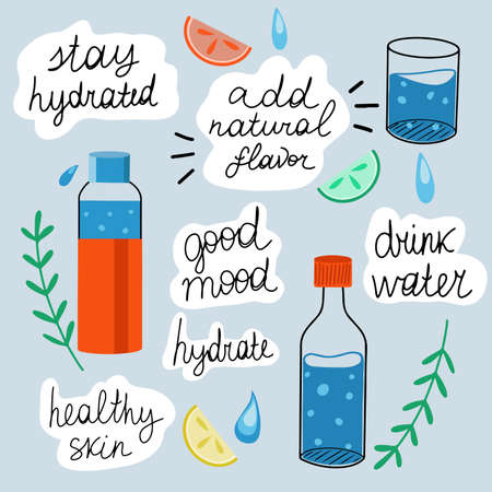Set of hand drawn vector clip art with water hydration, importance of drinking pure water, bottles and water glassesのイラスト素材