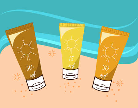 Banner or poster with three sunscreen products in colorful tubes at the sea side vector illustrationのイラスト素材