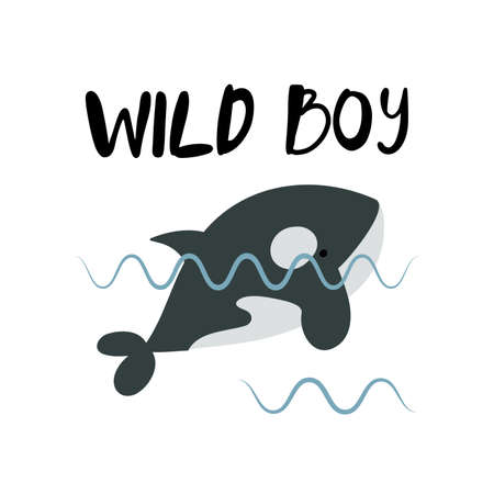 Cute Orca whale in water with lettering Wild boy, poster or card for nursery isolated vector illustrationのイラスト素材
