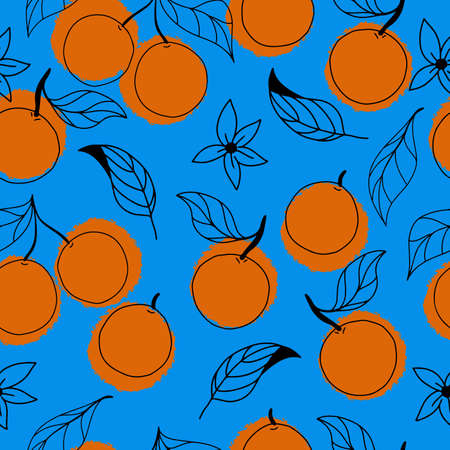 Vector seamless pattern with line art fruits and orange splashes on a bright blue backgroundのイラスト素材