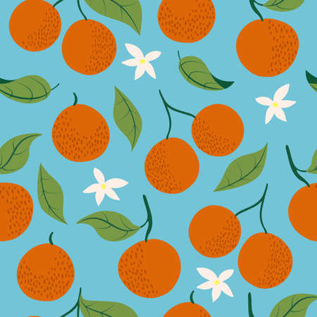 Vector seamless pattern with vivid oranges with leaves and flowers with a bright summer sky backgroundのイラスト素材